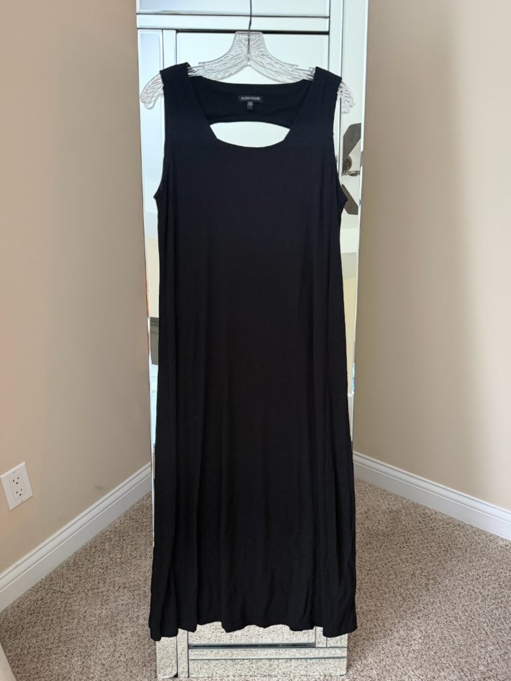 Eileen Fisher Sleeveless Midi Dress Black Medium Stretch Rayon Minimalist Travel